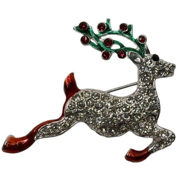 Unbranded Jewelry - Reindeer Brooch Pin Vintage Christmas Jewelry Unsigned Rhinestones Holly Antlers